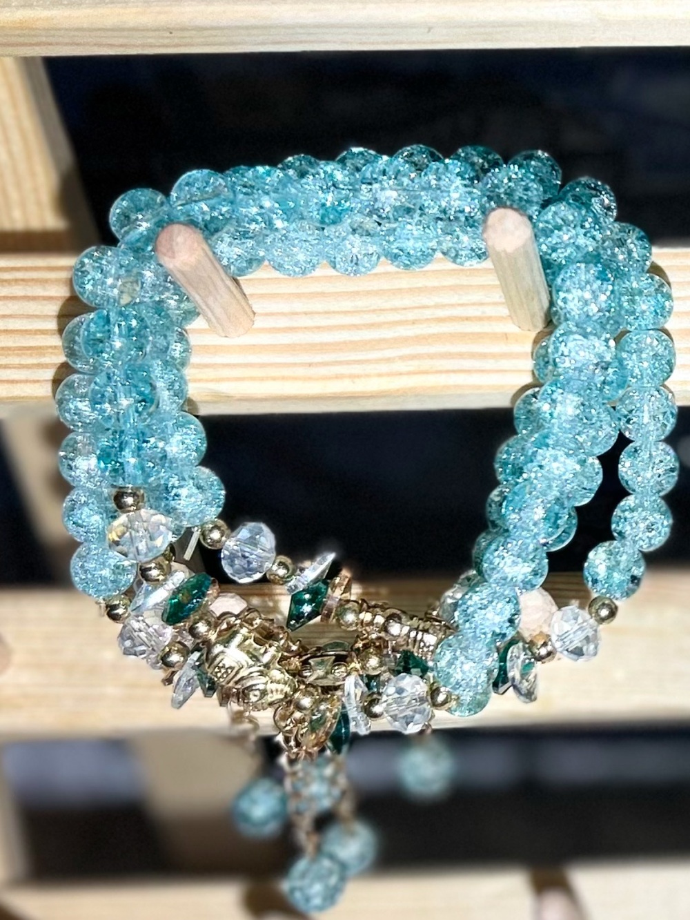 Aqua Crackle Glass Beaded Stretch Bracelet with Gold Accents